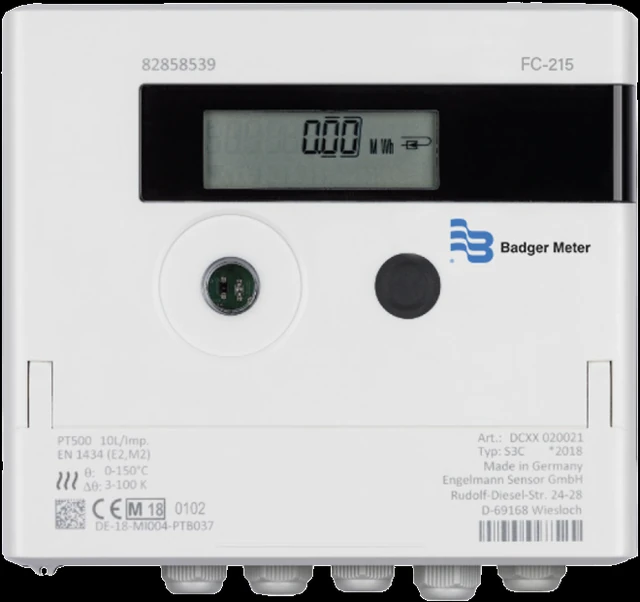 Dynasonics FC-215 thermal-energy (BTU) calculator with matched Pt500 RTD pair (Badger Meter)