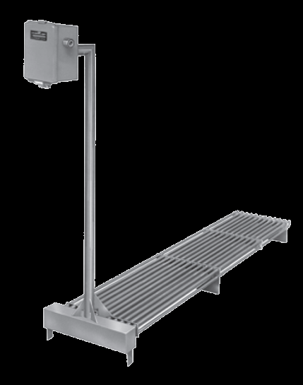 Heatrex over-the-side immersion heater &mdash; riser, junction box, horizontal element bundle on sludge-leg spacers.