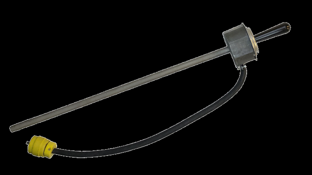Indeeco bolt heater &mdash; a cartridge-style insertion heater with a 4-inch octagon terminal enclosure and an insulating handle, sized to slide into a large bolt&rsquo;s clearance hole.