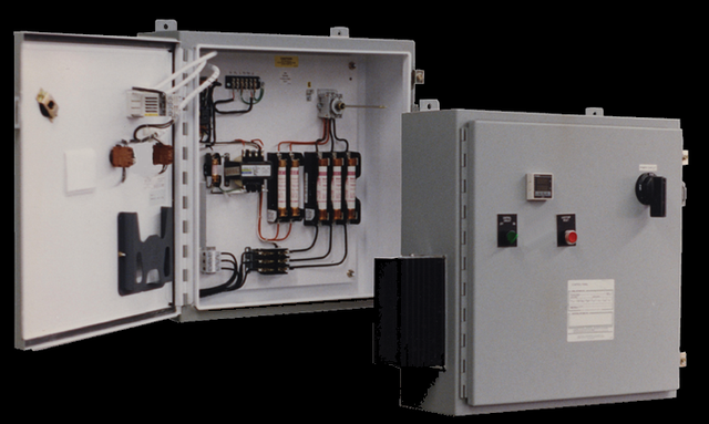 Indeeco heater control panel &mdash; factory-mounted contactors, SCR power controllers, process and over-temperature controllers, and disconnect in a NEMA-rated enclosure.