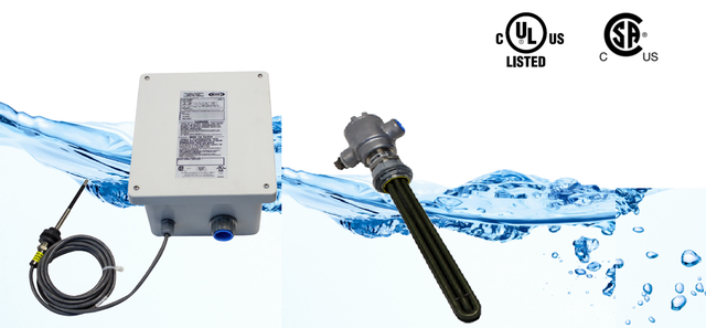 Indeeco cooling-tower basin heater and 874Z control panel &mdash; basin immersion heater with a cast-aluminum enclosure and a NEMA 4X panel with a combination temperature / liquid-level probe.