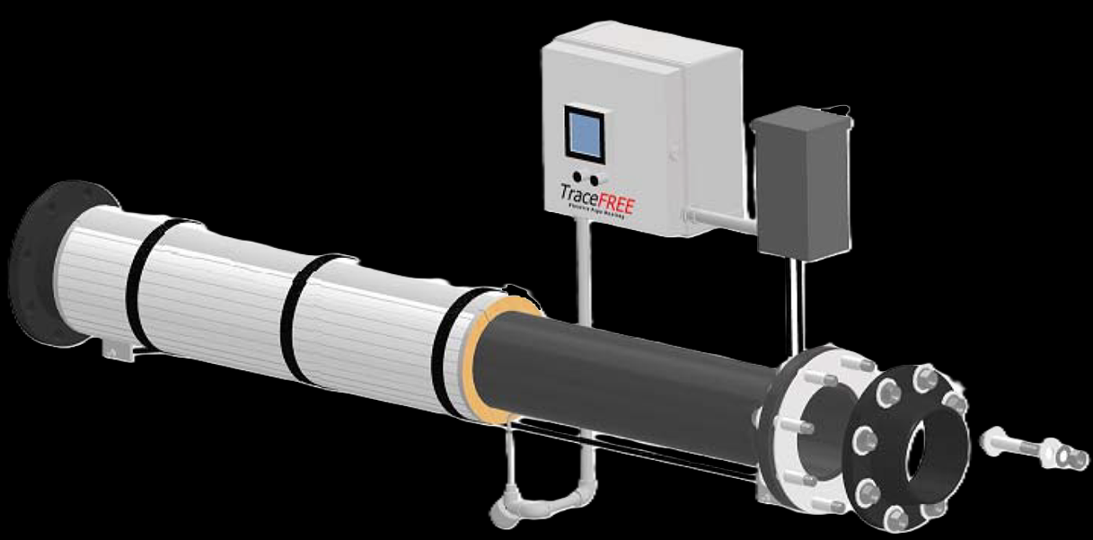 Indeeco impedance pipe heating system diagram &mdash; step-down transformer, control panel, weld-on terminal plates, and weld-pad temperature sensors on a heated pipe section; the process pipe itself is the heating element.