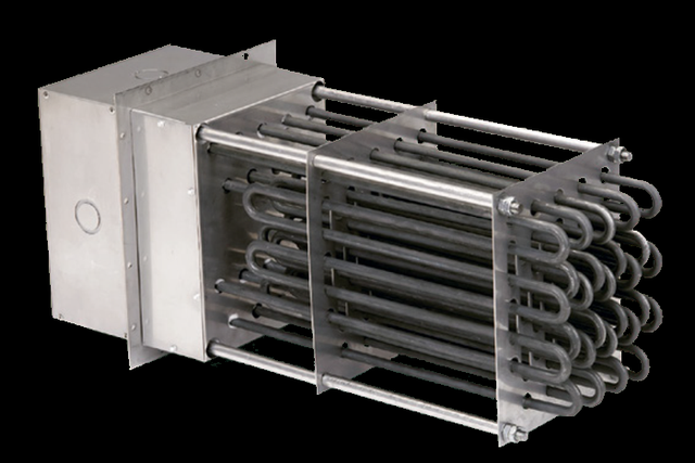 Indeeco process air heater &mdash; finned tubular and open coil resistance elements on a flanged frame with a louvered terminal box, for heating forced air in a duct or oven.