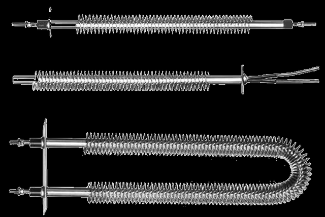 Indeeco tubular and finned tubular heating elements &mdash; round and formed metal-sheathed elements with helically wound fins and threaded stud terminations.