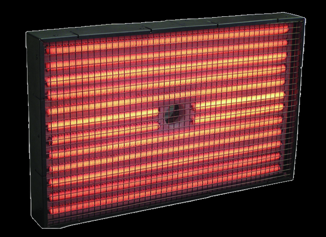 Solar Products multi-zone infrared oven panel energized &mdash; a medium-wave radiant emitter glowing across its face, the heat profile proportioned zone by zone.
