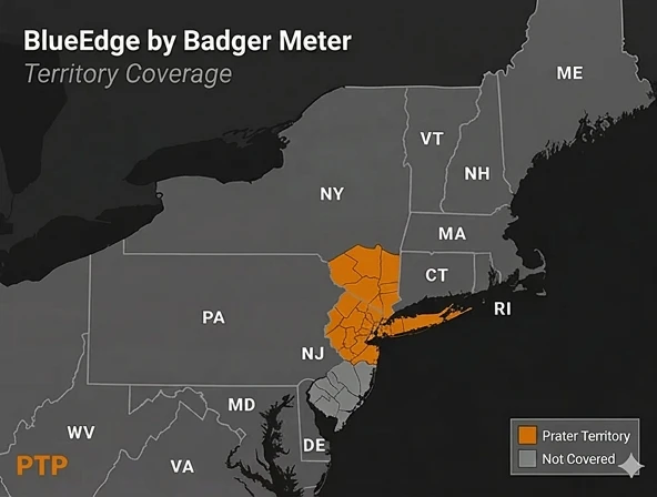 Badger Meter regional territory map — Northern + Central NJ and NY (New York City, Long Island, and the Hudson Valley: Westchester, Rockland, Putnam, Orange, Ulster, Dutchess, and Sullivan)