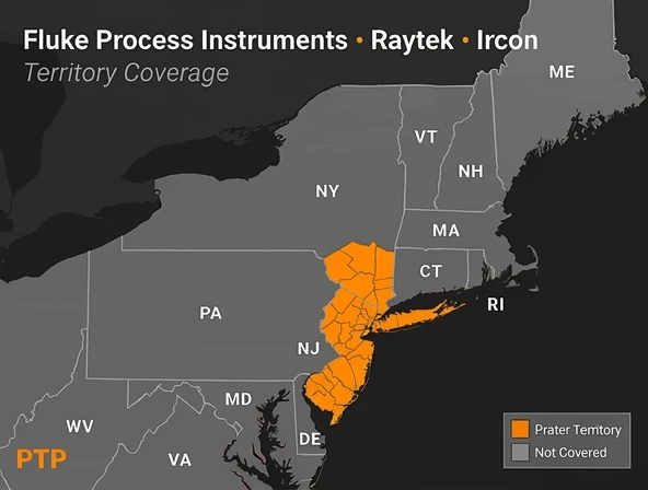 Fluke Process Instruments / Raytek / Ircon territory map — NJ (full state), NY (NYC, Long Island, Hudson Valley, Catskills)