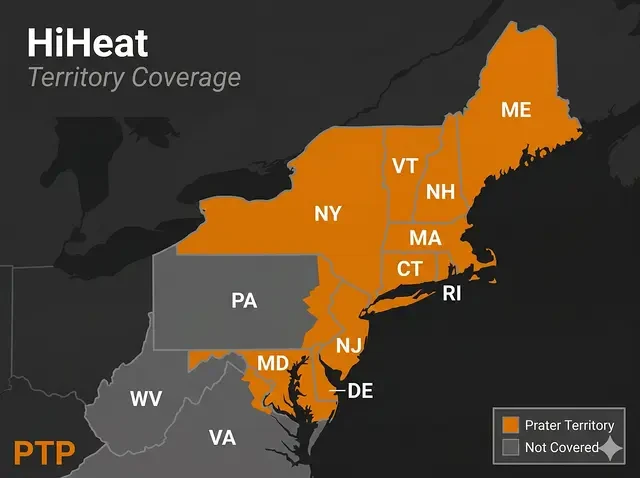 Prater Technical Partners Hi-Heat territory map — the Northeast and Mid-Atlantic United States