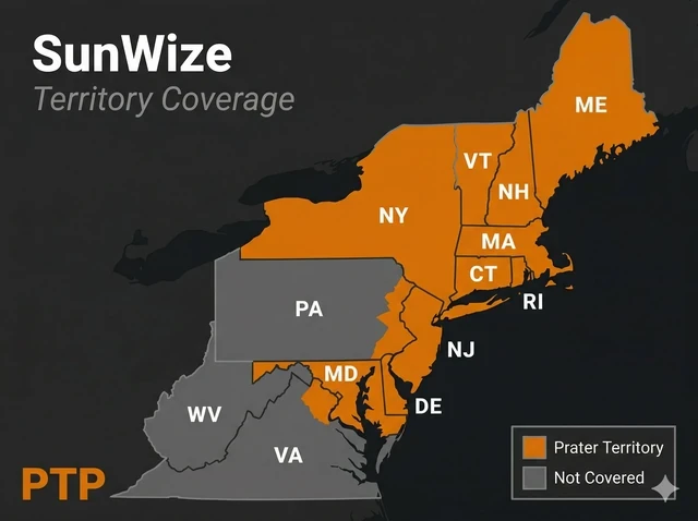 SunWize Technologies territory map — Northeast and Mid-Atlantic US